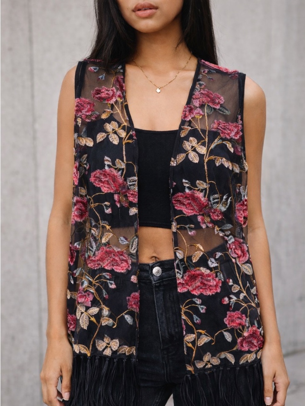 Embroidered Floral Sheer Fringe Vest - Black with Pink Flowers • Cottagecore